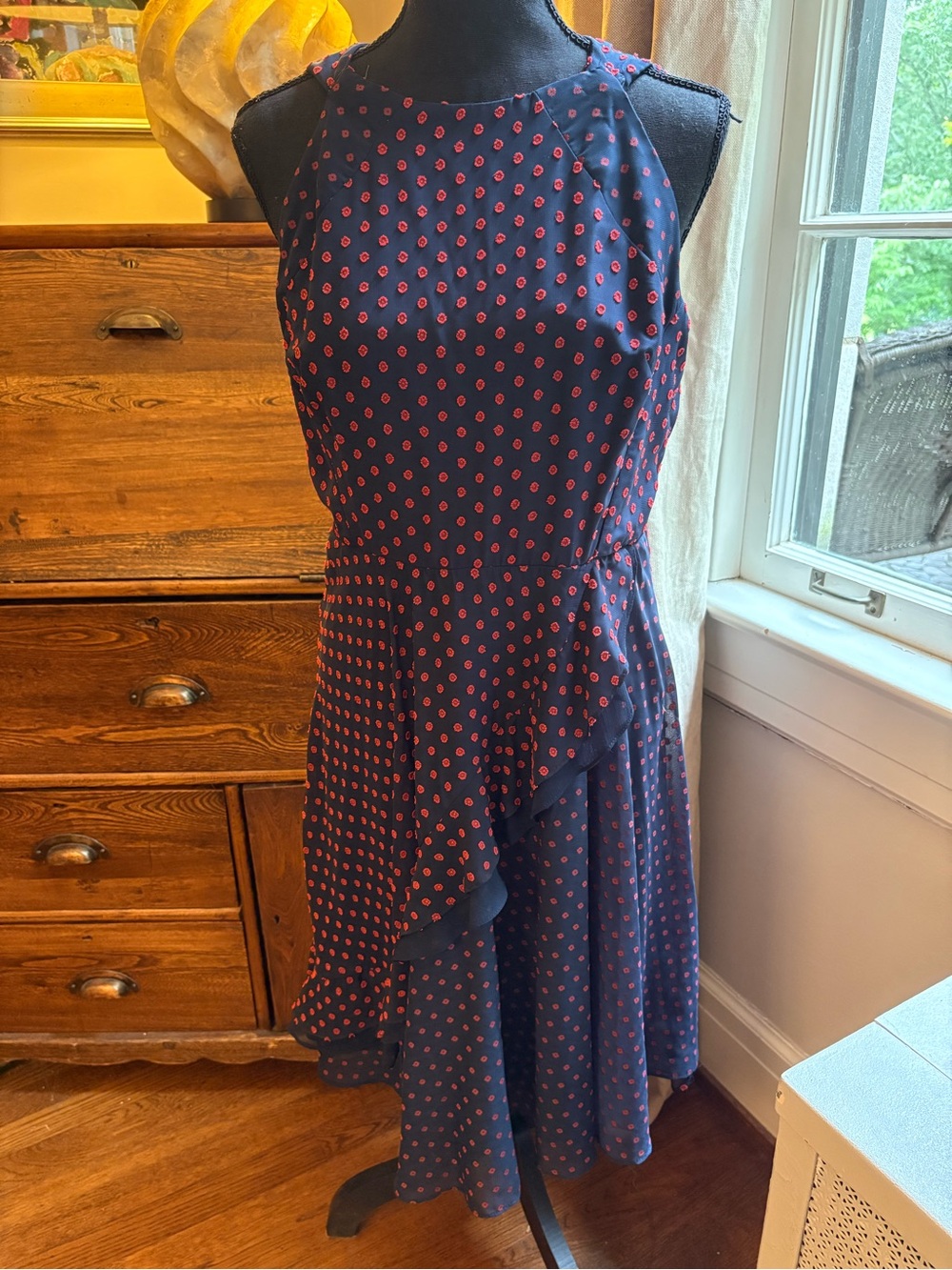 Eva Franco Navy Blue Polka Dot Ruffle Midi Dress - Size 12